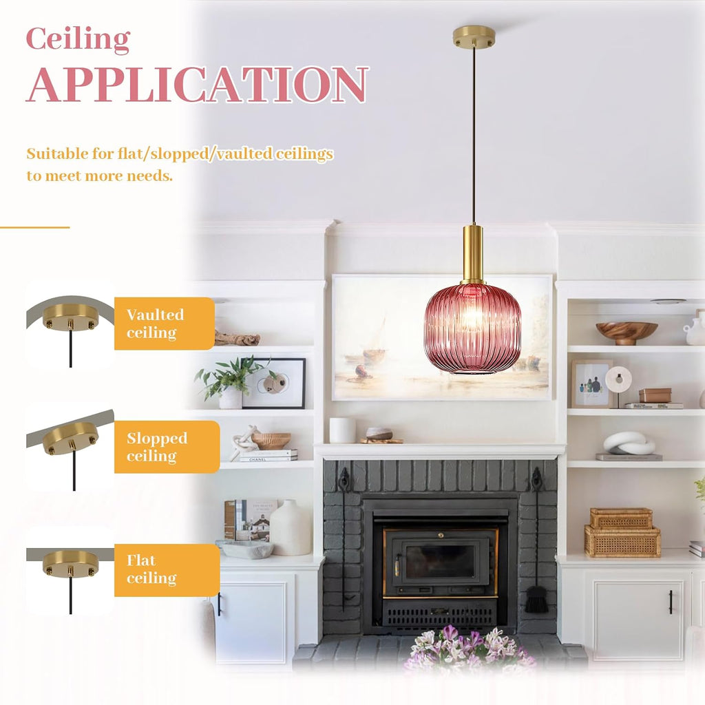 Glass Pendant Lamp Pink Pendant Light Kitchen Pendant Lighting Over Island Mid Century Modern Hanging Ceiling Light Gold Single Globe Chandelier Light Fixture for Dining Room Bedroom Hallway