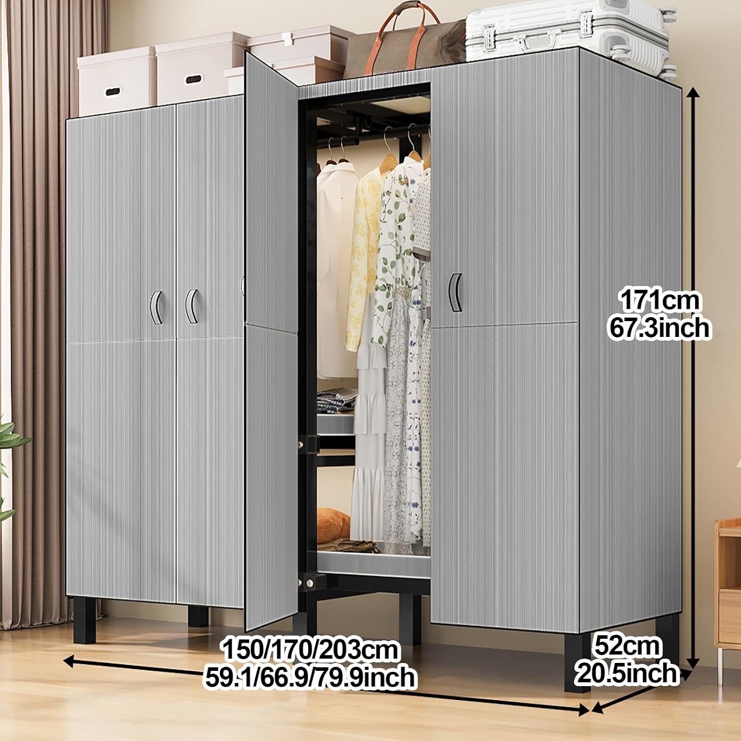 Portable Wardrobe Closet 1200LB, Foldable Clothe Rack With Cover, Garment Rack For Hanging Clothes, Clothing Coat Storage Rack, Covered With Independent Area, For Apartments(G,150cm/59.1inch)
