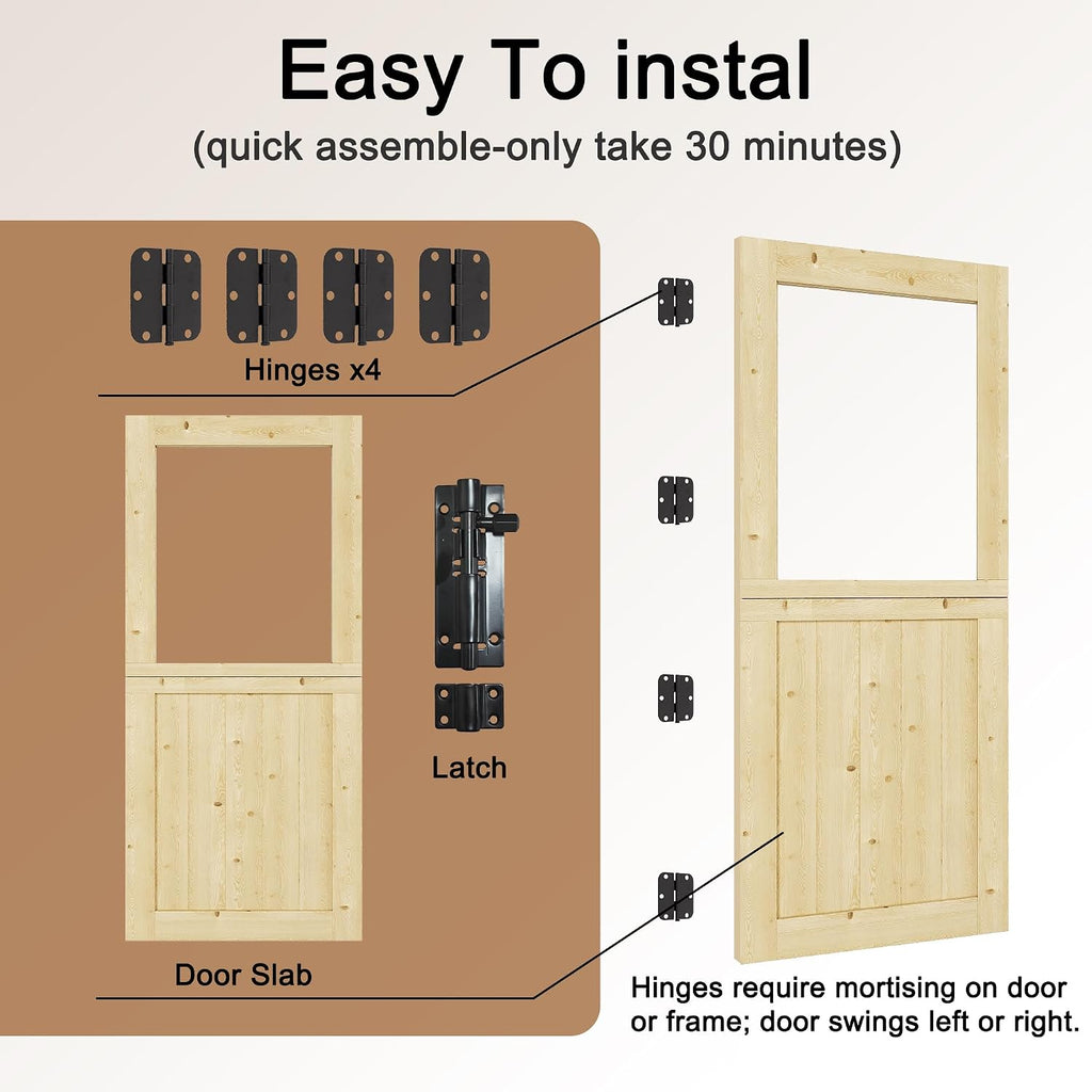 Interior & Exterior Dutch Door Slab, 30' x 80', Universal Tempered Clear Glass Split Single Doors, Solid Core Home Door, Natural Pine Wood - with 4 Black Hinges & 1 Latch, Without Jamb