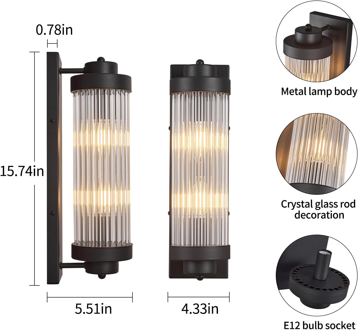 Black Wall Sconces Set of Two with Crystal Glass Strip Bathroom Sconces Modern Wall Lights for Bedroom Living Room Hallway Wall Light Fixtures, 2 Light E12 Base