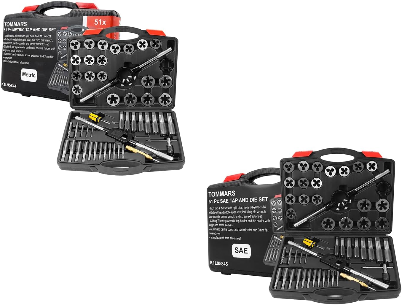 TOMMARS 51-Pc M6 to M24 Jumbo Tap and Die Set Metric Round Threading Dies & 51-Pc 1/4-20 to 1-14 Jumbo Tap and Die Set SAE Round Threading Dies