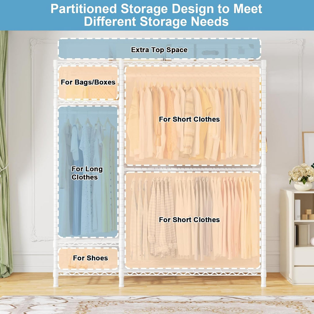 Ulif F7 Garment Rack, Heavy Duty Clothes Rack, Clothing Racks for Hanging Clothes, 6-Tiers Freestanding Portable Closet Storage Rack 58'' W × 14.6'' D × 76.6'' H, Max Load 800 Lbs, White