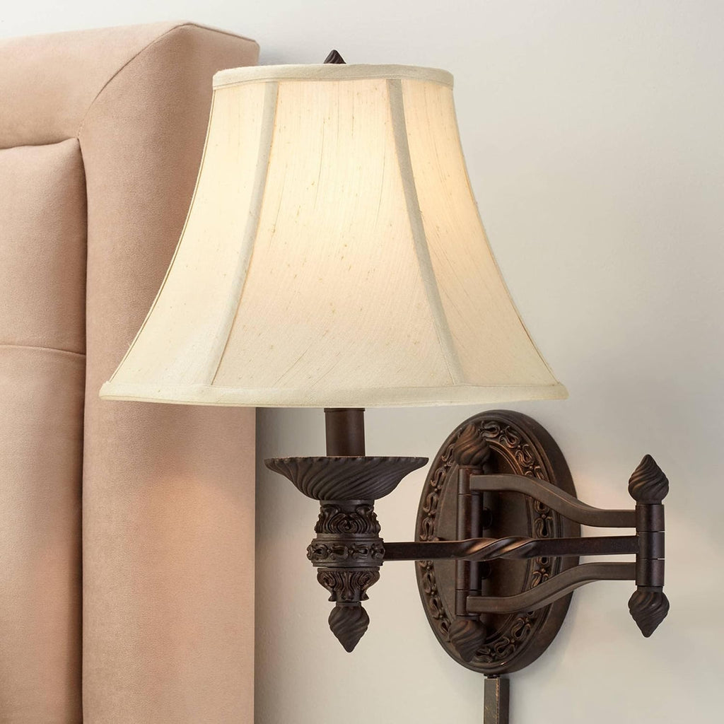 Barnes and Ivy Godia Vintage Rustic Swing Arm Wall Lamps Set of 2 Bronze Brown Metal Plug-in Light Fixture Beige Softback Fabric Bell Shade for Bedroom Bedside Living Room Reading House Home