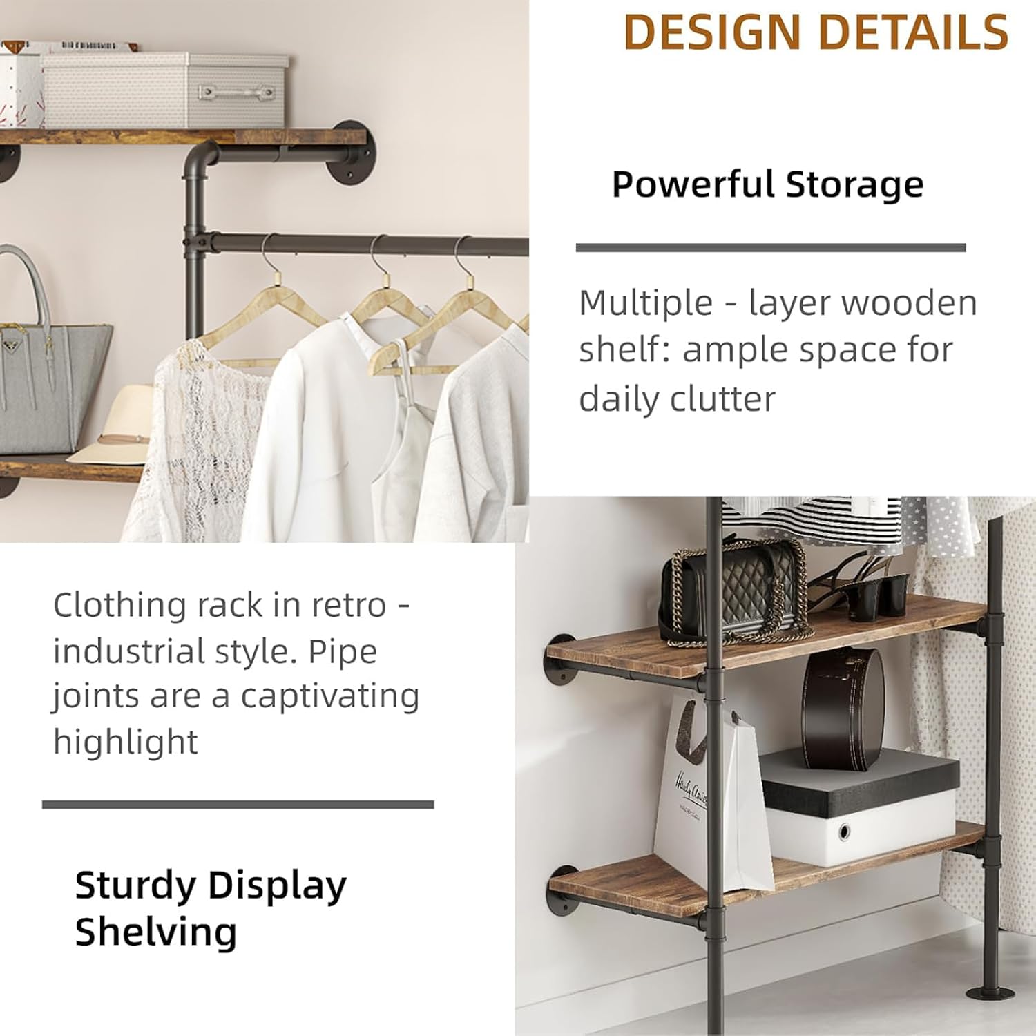 Industrial Pipe Clothing Rack, Wall Mounted DIY Garment Rack with 2 Adjustable Rod & 5 Shelves, Heavy Duty Closet Organizers System in Wardrobe Closet, Black