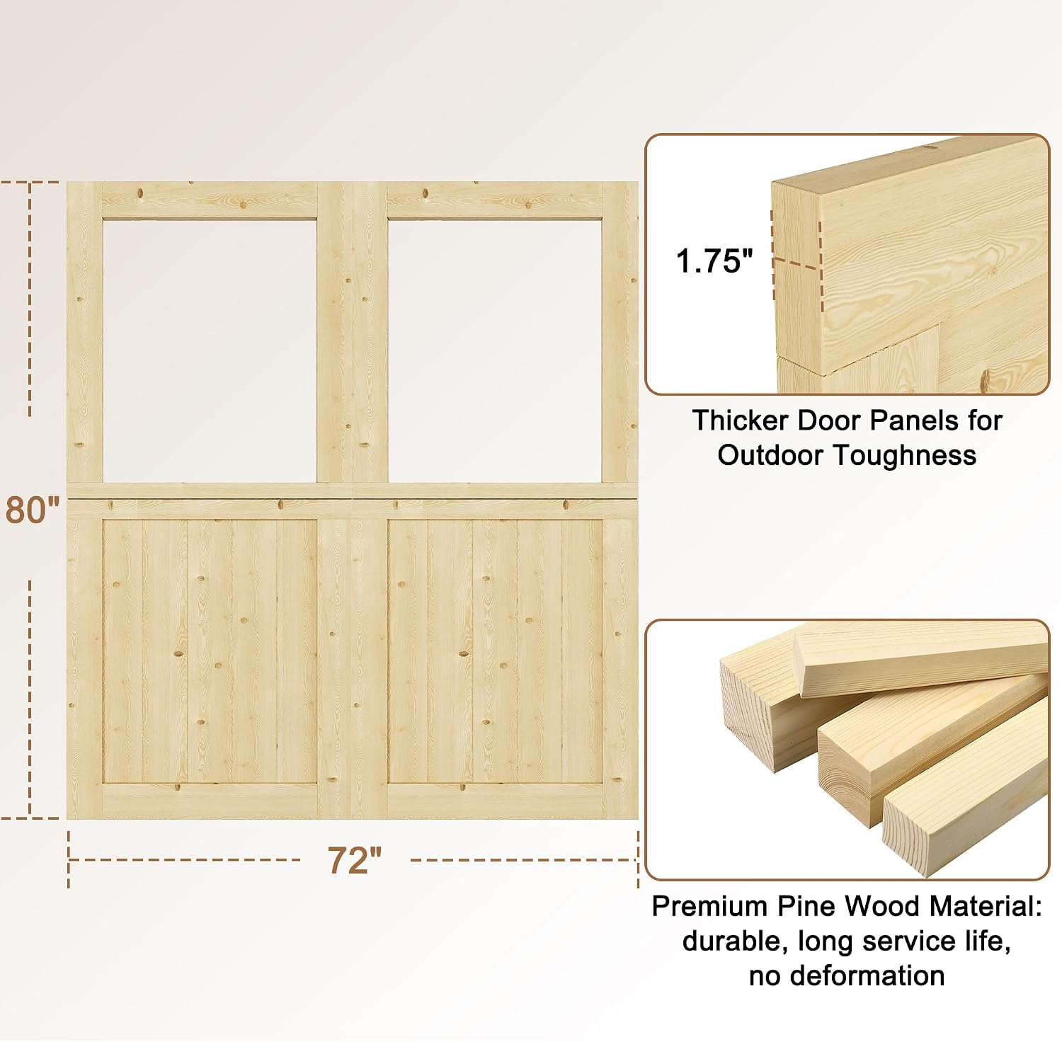 60x80(Double 30') Dutch Door Slab - 1.75' Thick Solid Pine Wood, 1-Lite Tempered Clear Glass Split Door for Interior Exterior Porch Backyard Entrance(8 Hinged + 2 Latch + 2 Slab)