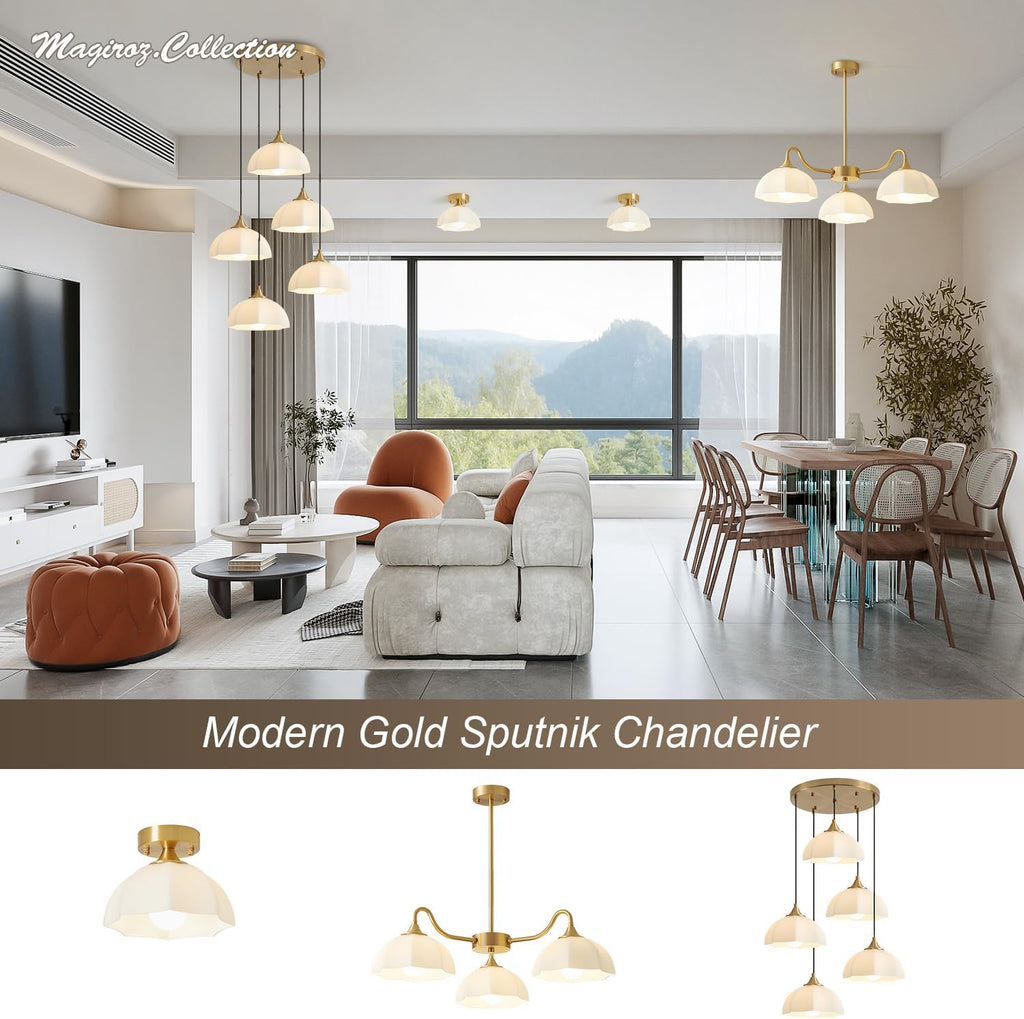 Modern 5 Light Brushed Gold Pendant Lighting Mid Century Milk Glass Cluster Pendant Lights Kitchen Island Adjustable Brass Hanging Chandelier Vintage White Ceramic Light Fixture MPL17-5R GD