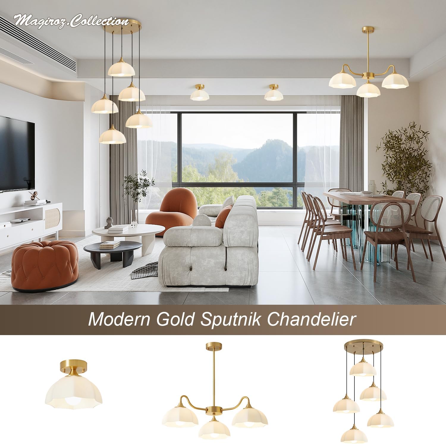 Modern 5 Light Brushed Gold Pendant Lighting Mid Century Milk Glass Cluster Pendant Lights Kitchen Island Adjustable Brass Hanging Chandelier Vintage White Ceramic Light Fixture MPL17-5R GD