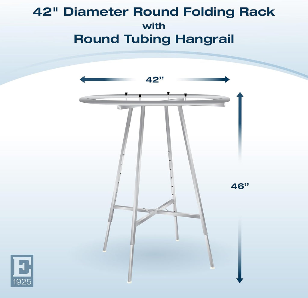 Econoco 42-Inch Folding Round Garment Rack, Adjustable 46–66″ Height Retail Display, Chrome Finish