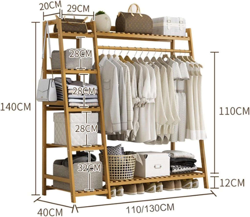 Freestanding Clothing Racks for Hanging Clothes,Bamboo Garment Rack 5 Tier Storage Shelf with Top Shelf, Closet Organizer Shoe Storage Shelves for Bedroom,A-110cm