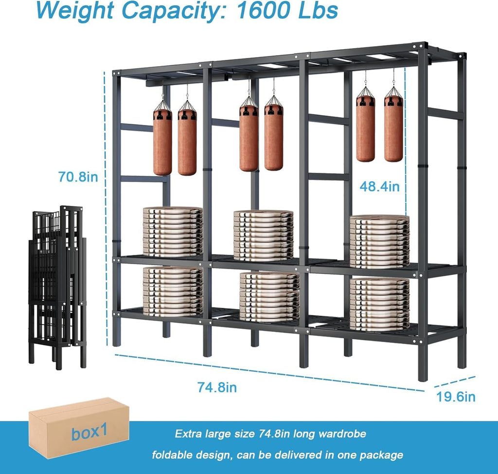 Portable Foldable Wardrobe Closet for Hanging Clothes Storage Garment Rack with Cover and 8 Wheels-70.8in High Heavy-Duty Freestanding Closet System with 3 Hanging Rods Load 1600lb(74.8in/190cm)