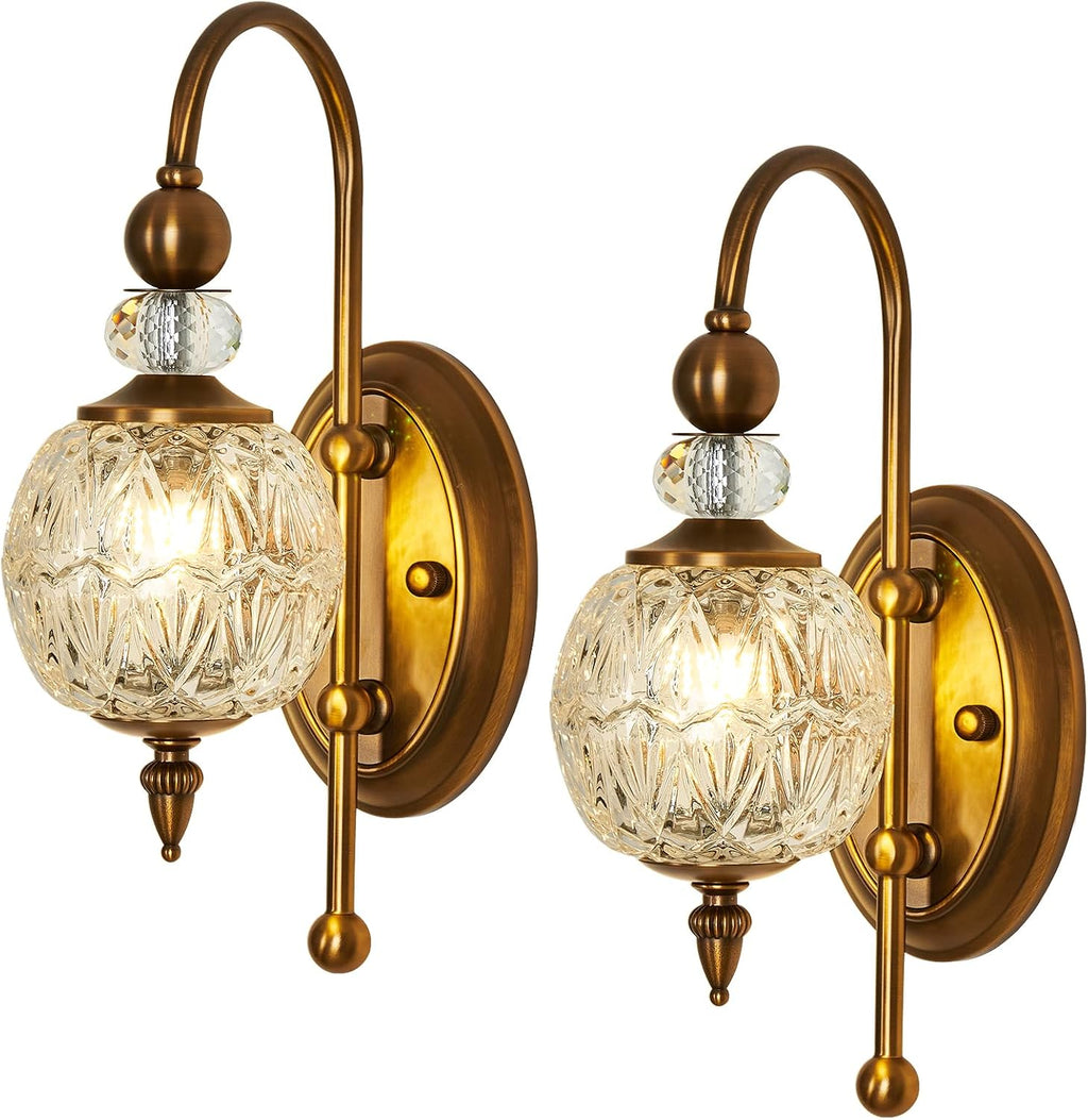 Piepooye Vintage Gold Wall Sconce Set of Two Mid Century Brushed Brass with Glass Globe Shade Vanity Light Indoor G9 Bulb Wall Light for Bathroom Farmhouse Bedroom Living Room Hallway