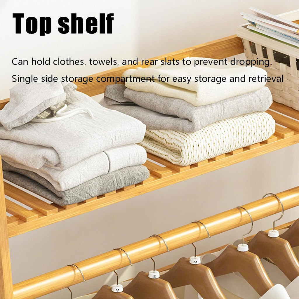 Bamboo Clothing Garment Rack, 4 Tier Storage Shelf Coat Clothes Hanging Rack Portable Wardrobe Closet Organizer with Top Shelf Shoe Storage Shelves for Hallway Entryway Coat Hanger Stand