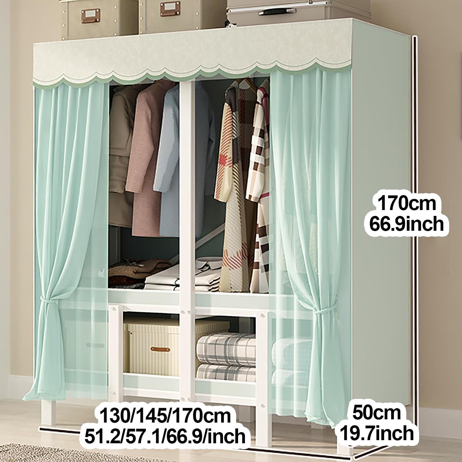 Foldable Wardrobe Closet With Cover, Metal Clothing Organizer For Bedroom, Portable Clothe Rack, Garment Rack For Hanging Clothes, Coat Storage Rack(Green,170cm/66.9inch)