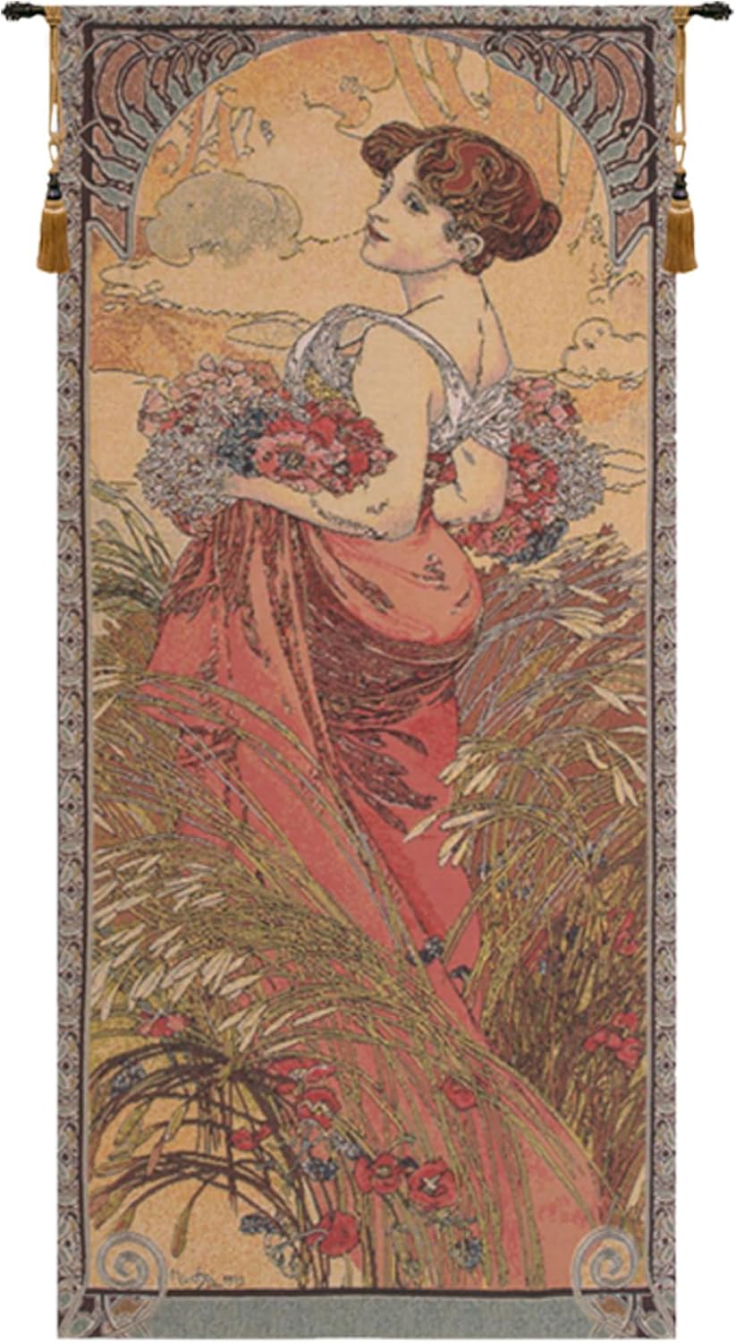 Charlotte Home Furnishings Inc - Mucha Summer Belgian Premium Tapestry Wall Hanging | 61x26 in Viscose Polyester Blend Boho Vintage Woven Wall Tapestry for Home & Wall Art by Alphonse Mucha