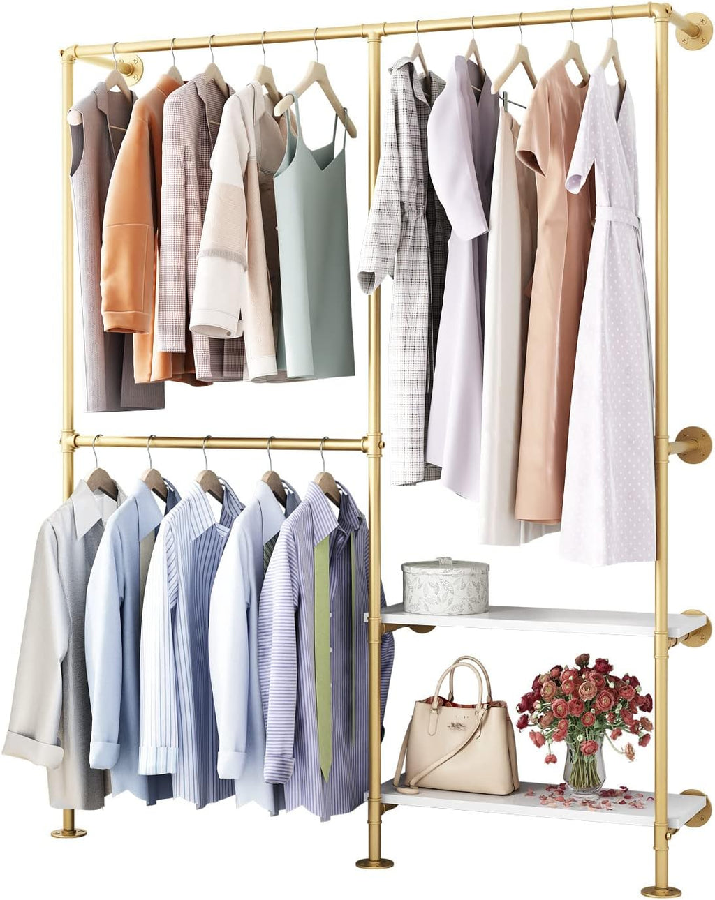 Gold Pipe Clothes Racks with White Shelves, Industrial Pipe Gold Clothing Rack with Double Hanging Rods, Heavy Duty Wall Mounted Clothing Rack Rod for Closet Storage, Bedroom