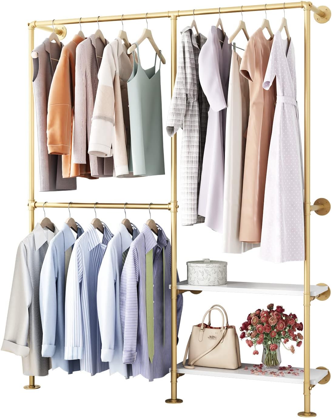 Gold Pipe Clothes Racks with White Shelves, Industrial Pipe Gold Clothing Rack with Double Hanging Rods, Heavy Duty Wall Mounted Clothing Rack Rod for Closet Storage, Bedroom