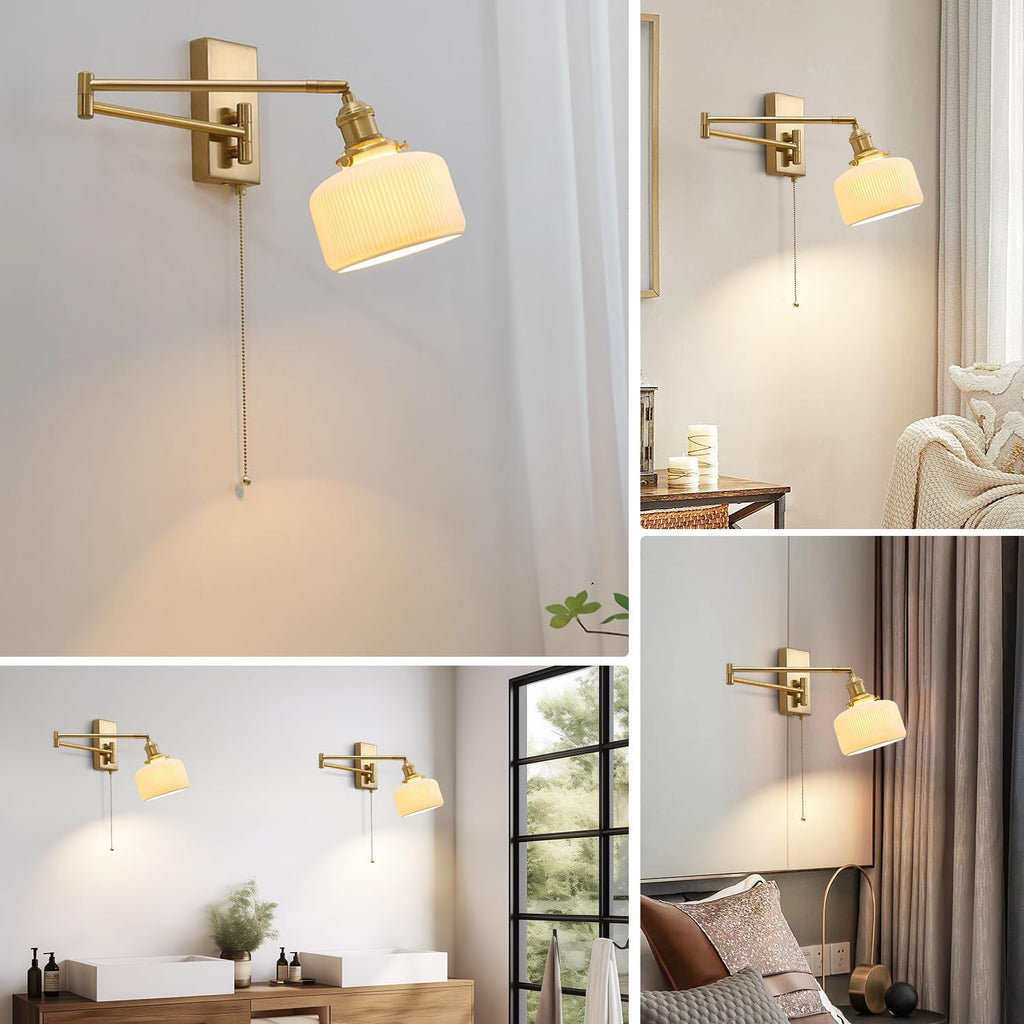 Gold Wall Sconces Set of 2 Modern Brass Swing Arm Wall Lamp with Pull Chain Milk GlassLight Fixture for Bedroom Living Room Hallway MWL14B-2