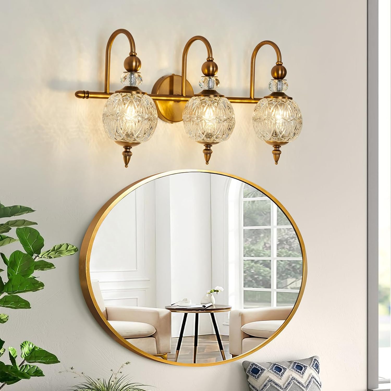 Piepooye Vintage Bathroom Lights Fixtures Gold Vanity Light with Glass Globe LampShade 3 Light Mid Century G9 Bulb Wall Sconce Indoor Vanity Light Over Mirror for Kitchen Bedroom Farmhouse Living Room