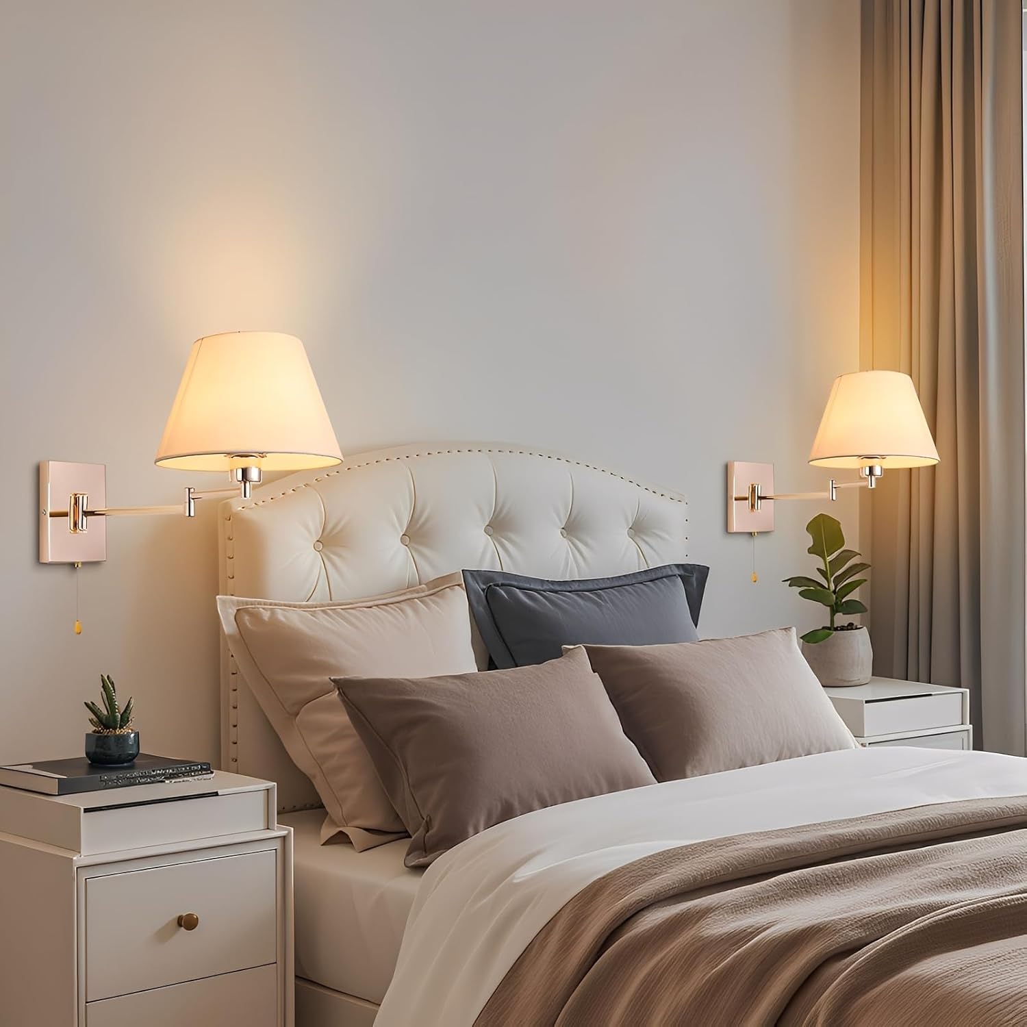 Swing Arm Wall Sconces Set of 2, Indoor Wall Lamp with White Beige Shade Reading Wall Light Fixture with On/Off Switch for Living Room Doorway Study Room Bedroom Bedside
