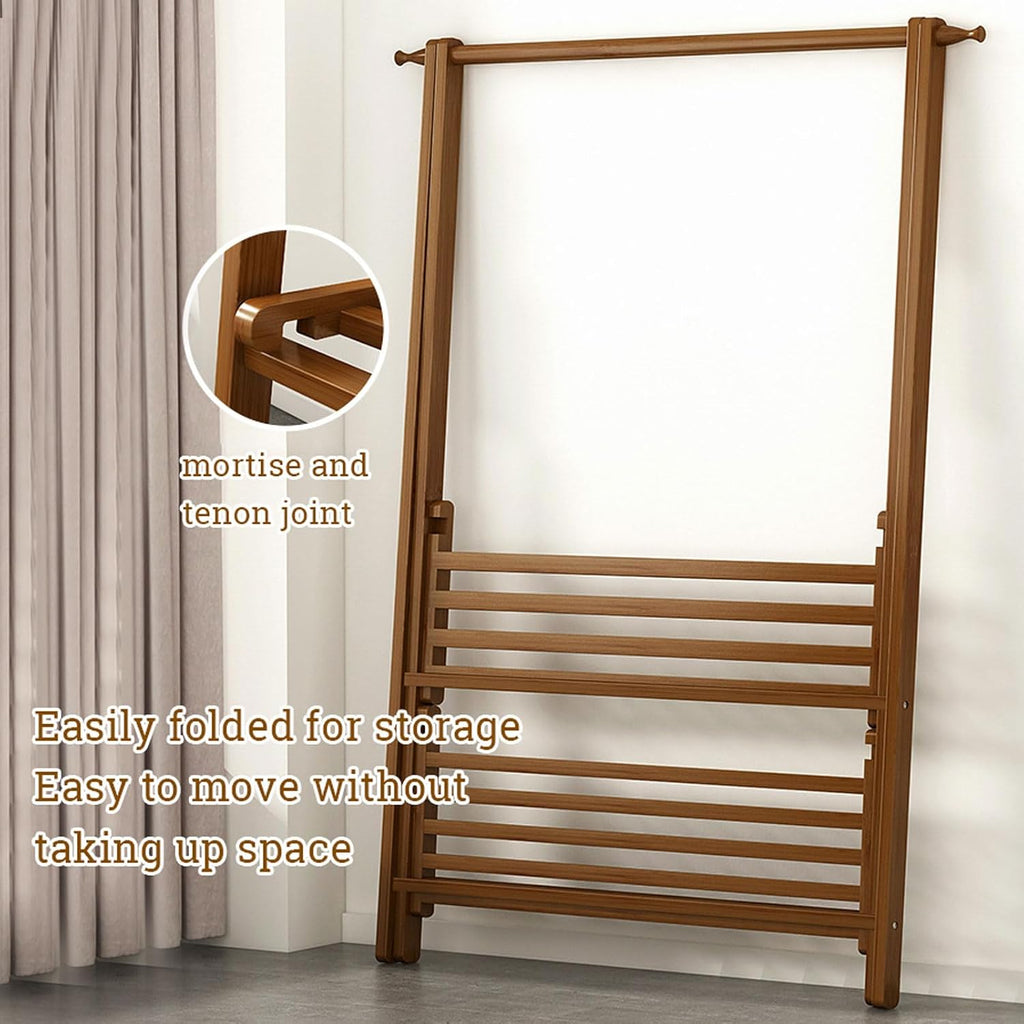 3 in 1 Bamboo Coat Stand Hanging Clothes Rail with Storage Shelves, Portable Folding Garment Rack Foldable Drying Rack Clothes Rack or Entryway, Bedroom, Living Room