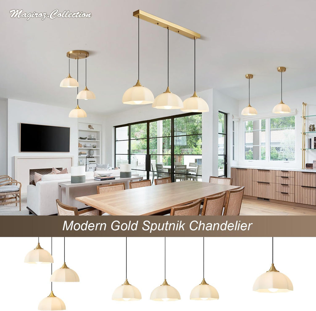 3 Light Cluster Pendant Lighting Gold Milk Glass Chandelier Brushed Brass Pendant Lights Kitchen Island Adjustable Hanging Dining Room Lighting Stairwell Brass Cluster Chandelier MPL17-3R GDN