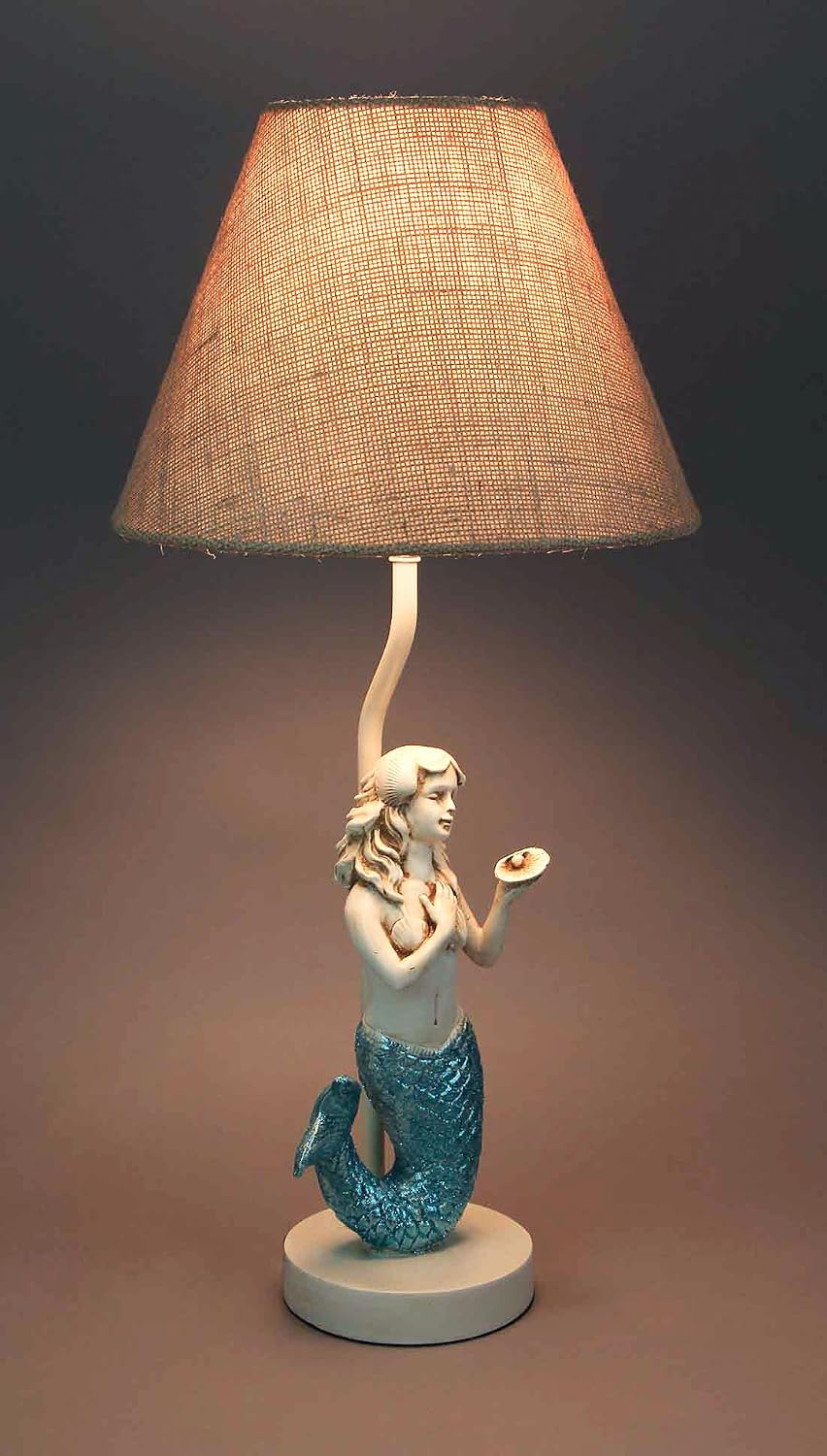 Zeckos Set of 2 Blue Glitter Mermaid Table Lamps Coastal Beach Decor Burlap Shades 22.5 Inches High