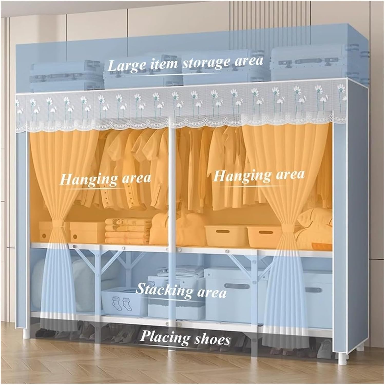Clothes Rail Garment Rack Foldable Wardrobe Closet Rack, Heavy Duty Portable Closets With Cover Bedroom Armoires Freestanding Clothing Rolling Garment Racks For Hanging Clothes Load 2000lbs(Yellow,200