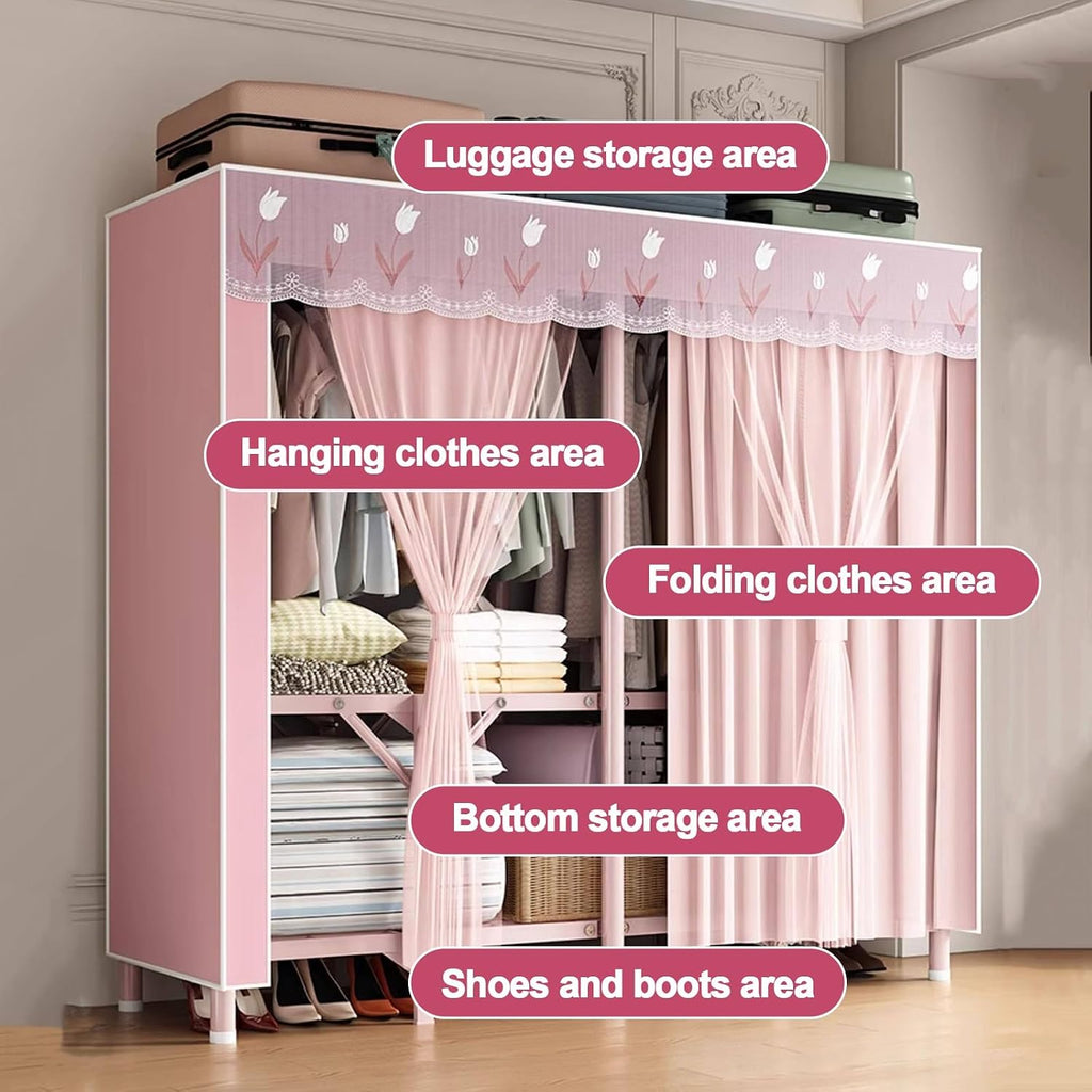 Heavy Duty Wardrobe Closet With Cover, Foldable Metal Clothes Shelves For Clothes Organizers Storage, Garment Rack For Hanging Clothes, Armoire For Bedroom, Apartment(C,150x45x170cm/59x18x67in)