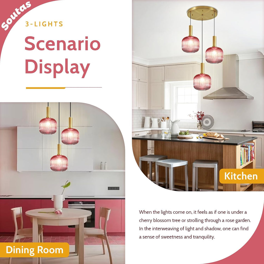 Girl Room Pink Glass Pendant Chandelier Mid Century Glod 3-Light Hanging Light Farmhouse E26 Base for Bedside Dining Table Foyer