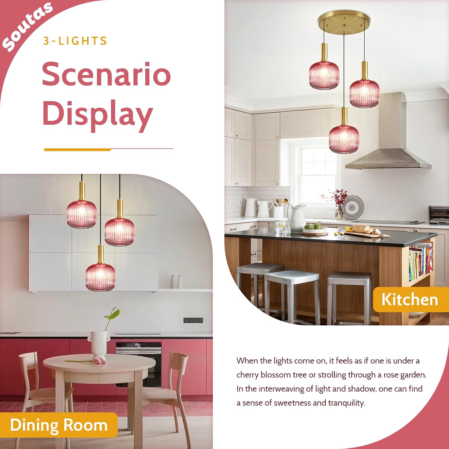 Girl Room Pink Glass Pendant Chandelier Mid Century Glod 3-Light Hanging Light Farmhouse E26 Base for Bedside Dining Table Foyer