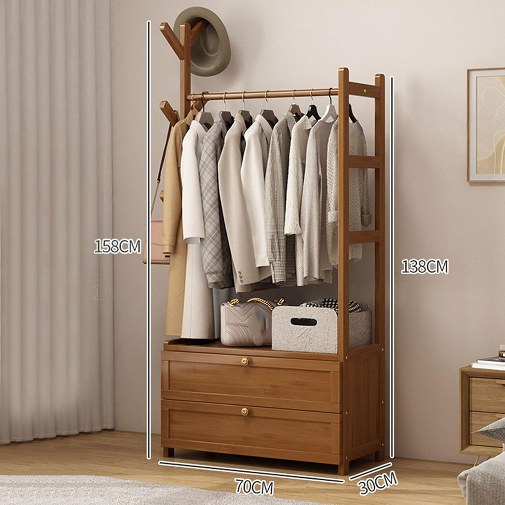 Free Standing Coat Stand Garment Rack Bamboo Clothes Rail Rack with Storage Shelves and 2 Tier Storage Cabinet, Portable Open Wardrobe for Hanging Clothes