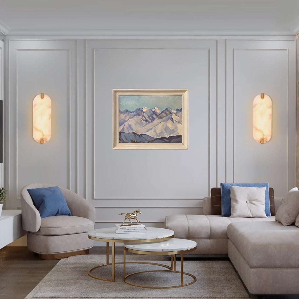 14.17in Alabaster Wall Sconces, Natural Marble Wall Light Set of Two, Modern LED Alabaster Sconces for Living Room Indoor Wall Lamps for Dining Room Stairs Bedroom,Brushed Gold