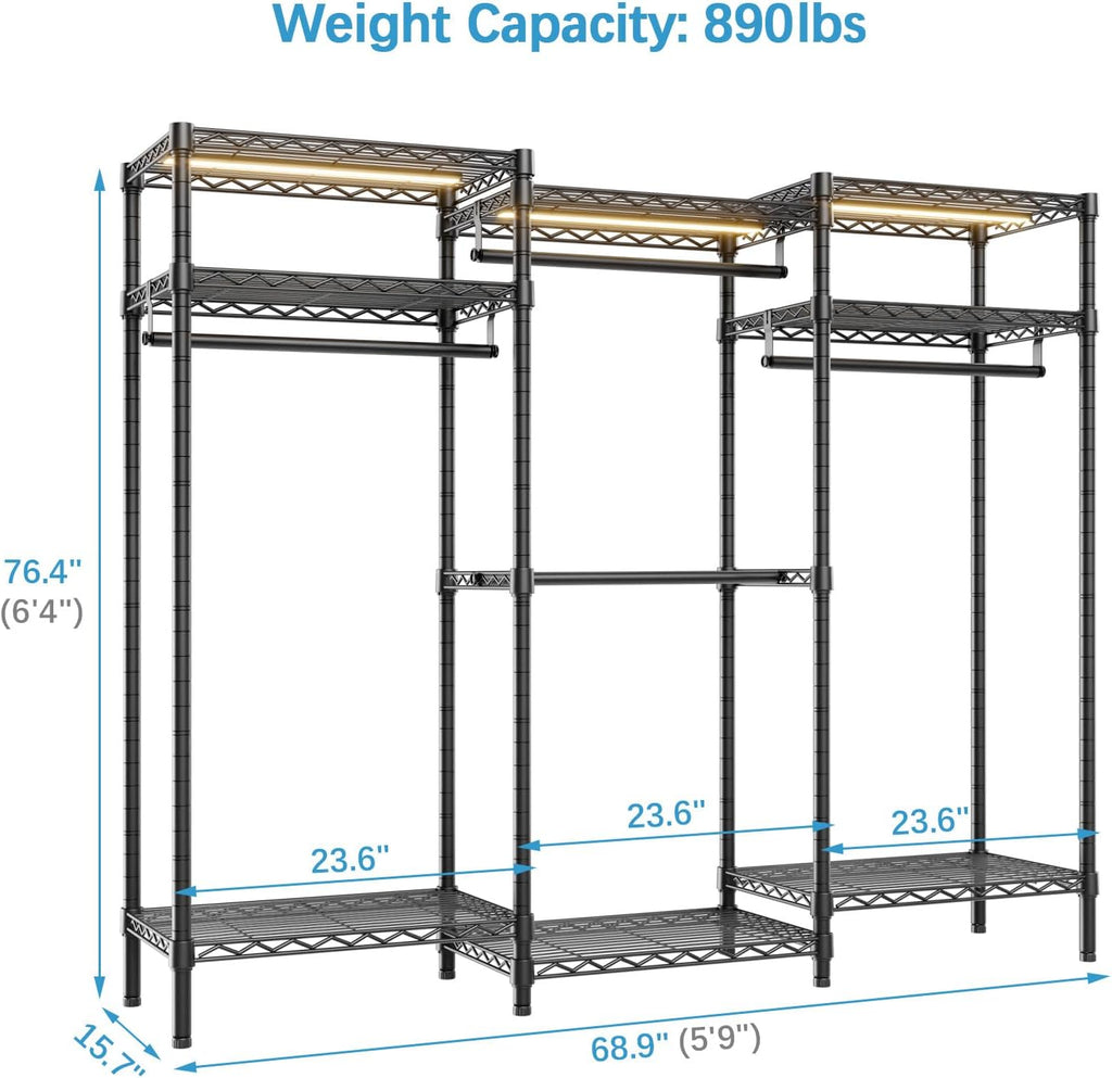 VIPEK V5L i1 Garment Rack Heavy Duty Clothes Rack with Dimmable LED Lights, 3000K Warm White, Metal Clothing Racks for Hanging Clothes, Large Freestanding Wardrobe Closet for Bedroom, Black