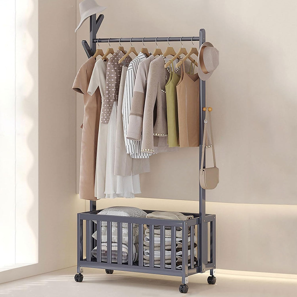 Clothes Stand Garment Rack with Casters, Bamboo Open Wardrobe with Hollow Storage Basket, Clothes Hanging Tidy Rail Shoe Rack for Clothes Hats Bags