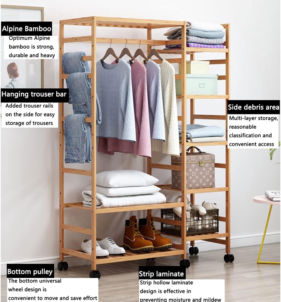 Coat Rack, Bamboo Clothes Rack Open Frame Bamboo Garment Wardrobe Organizer Large Cabinet Hanging Rails With 360°rotation 4 Wheels For Dress Pants Shoes Hats Natural