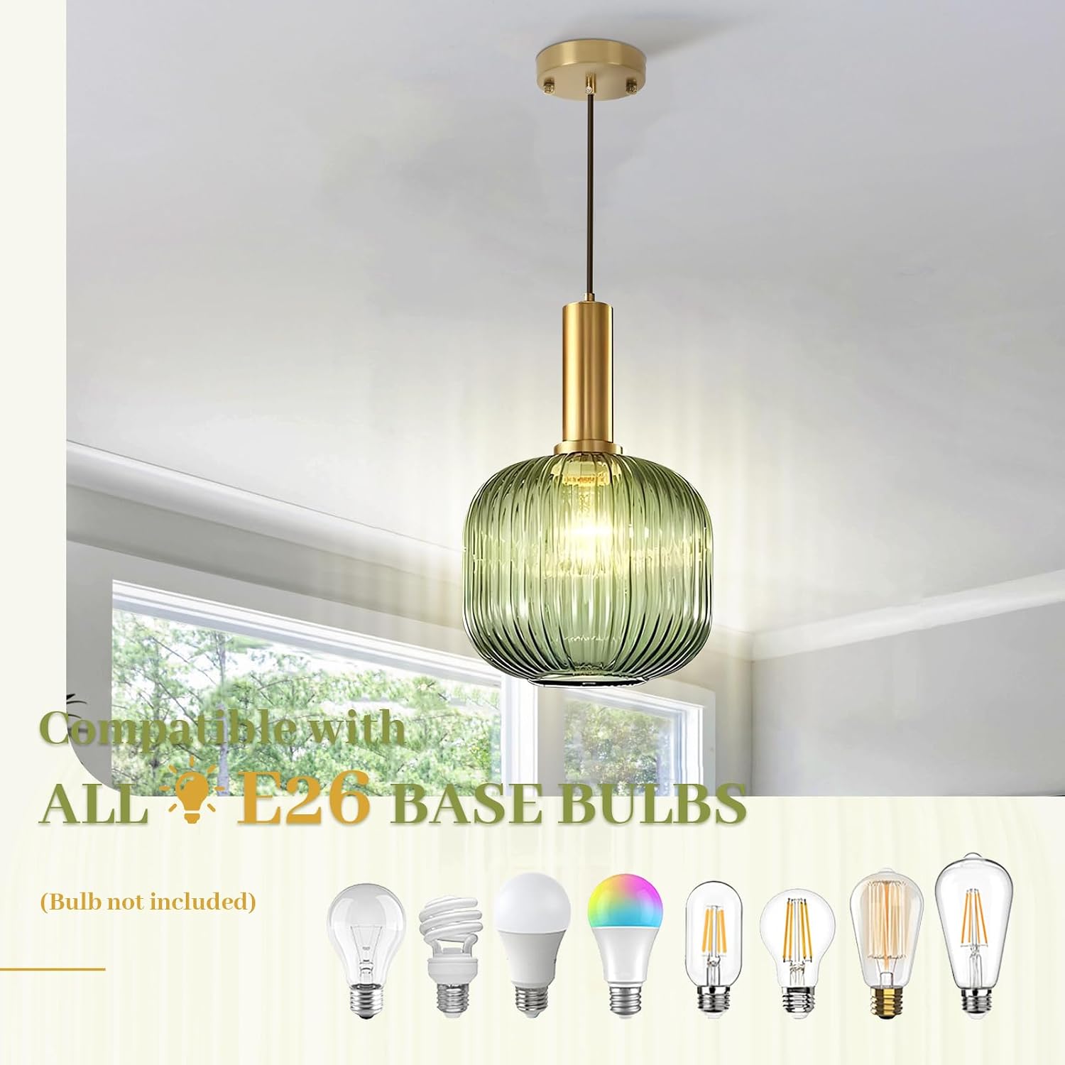 Green Glass Pendant Light Vintage Kitchen Pendant Lighting Over Island Sink Mid Century Modern Gold Hanging Pendant Light Fixture for Bedroom Living Room Dining Room