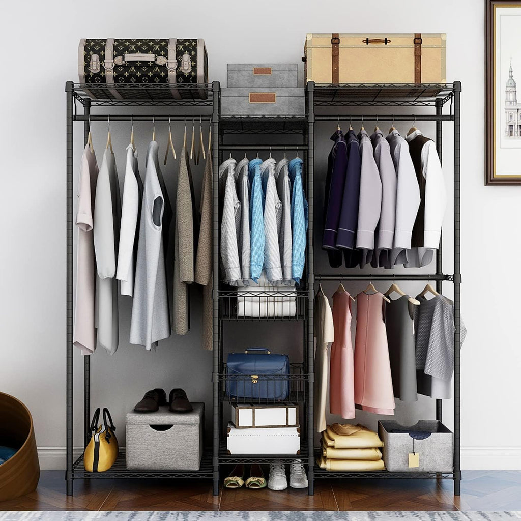 Xiofio Freestanding Heavy Duty Clothes Rack, Wire Clothing Rack with Hanging Rod,Adjustable Shelves & 2 Slid Fixed Baskets,60.7' L x 15.7' W x 75.6' H Max Load 720LBS,Black.