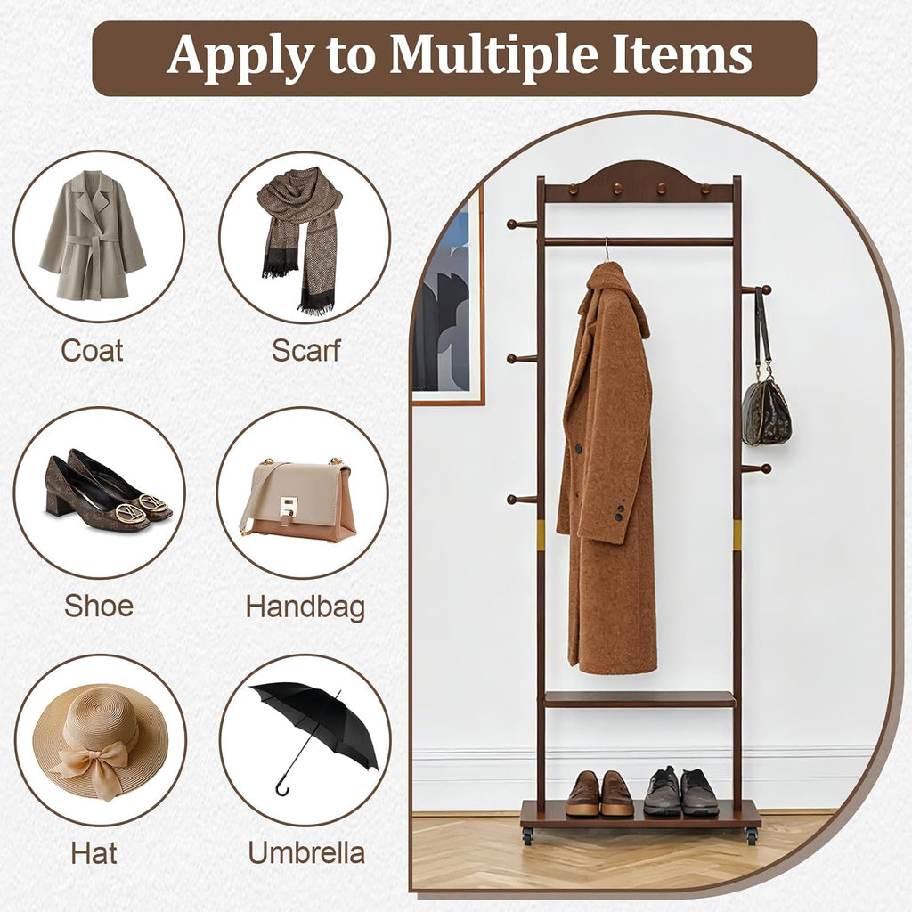 Solid Wood Clothing Rack, 2 Shelves Storage & 9 Hooks Heavy Duty Coat Rack Freestanding Wheels Clothes Rack Coat Tree Stand Hat Hanger Rack for Home Corner, Walnut