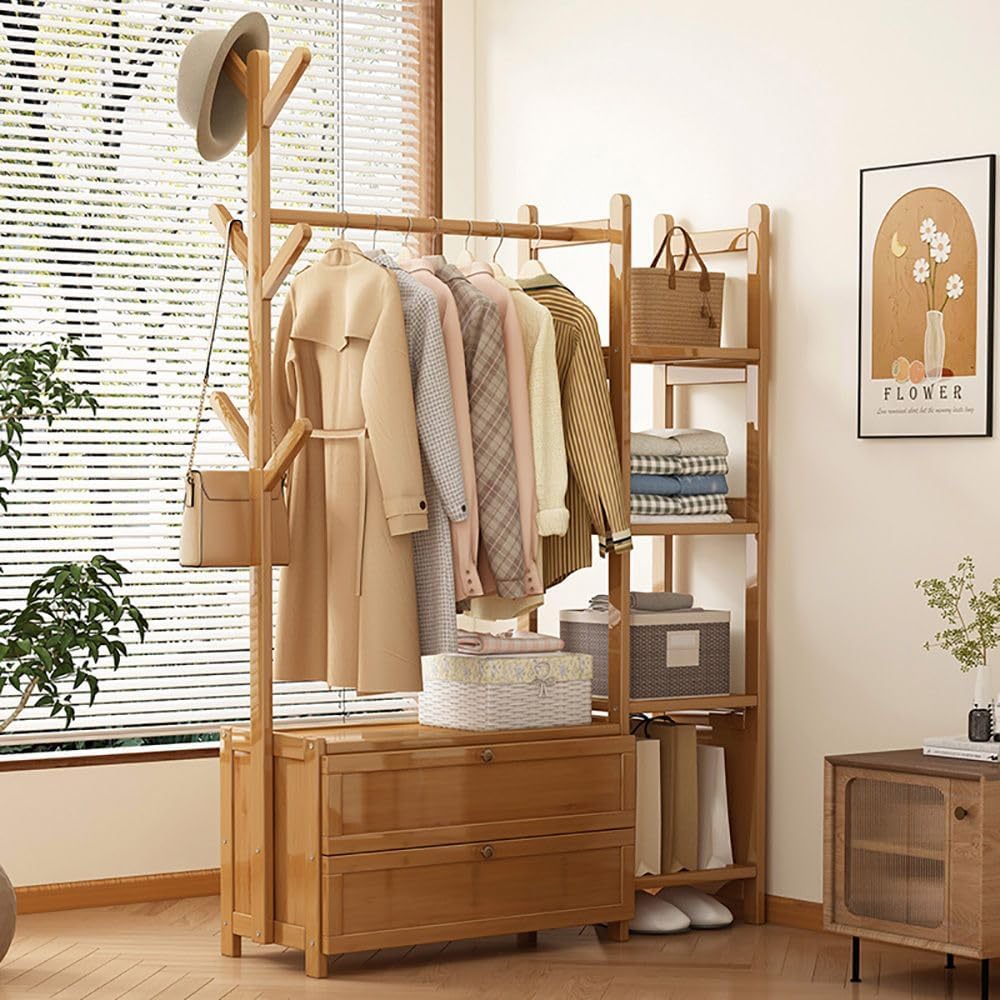 HomeLava Bamboo Garment Rack Heavy Duty Clothes Rack with Drawers Shelves and Side Hook, Clothing Rack for Entry Bedroom (Natural, 39.4'')