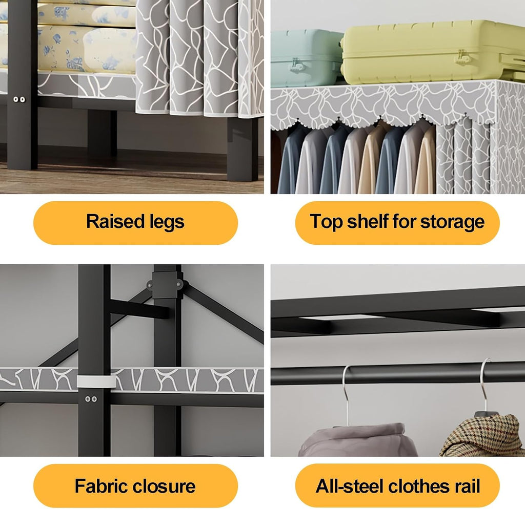 Portable Closet Wardrobe With Hanging Rods, Heavy Duty Clothing Rack With Fabric Cover, Metal Closet Rack For Hanging Clothes, Coat Storage Garment Racks(E,193CM/76INCH)