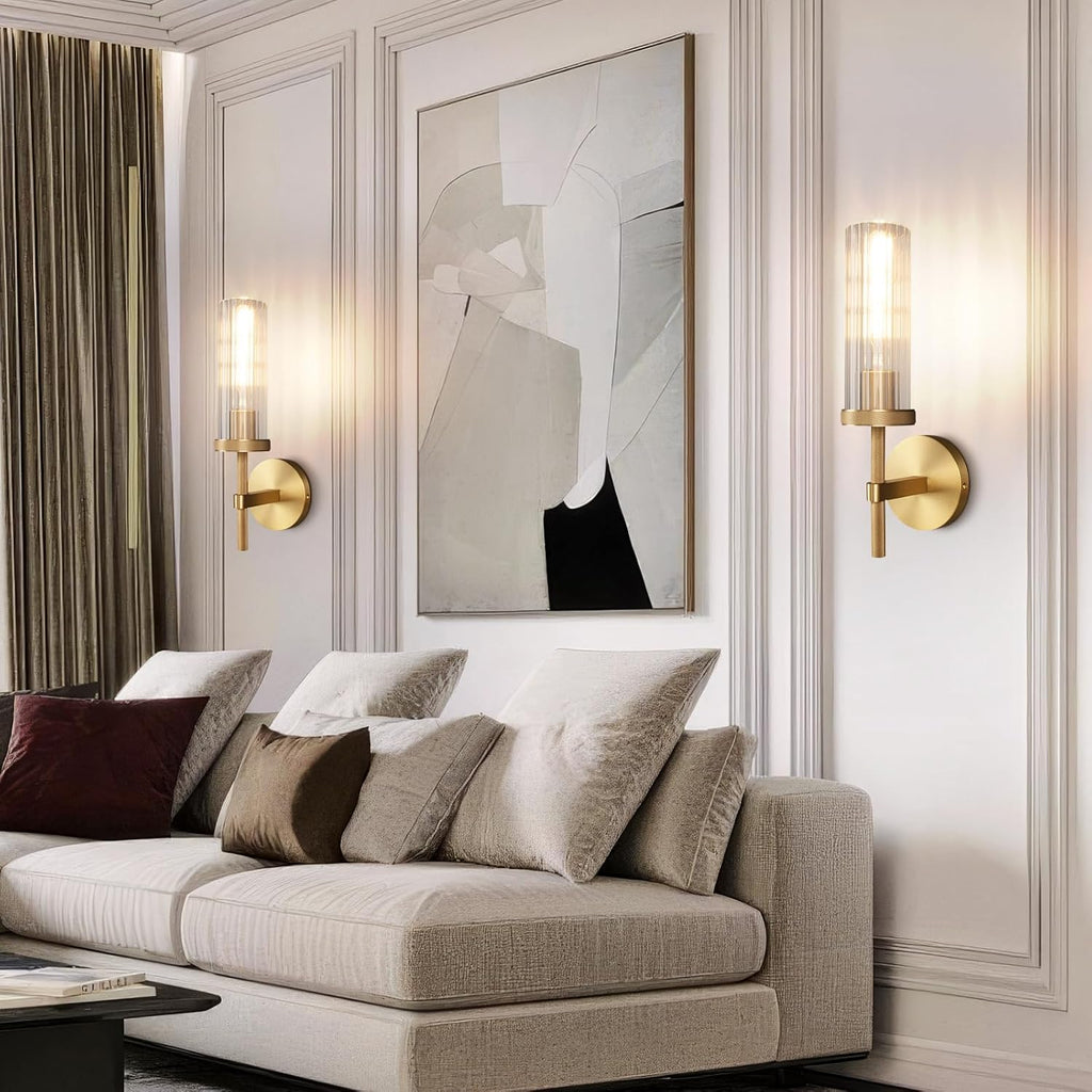 15' Knurled Brass Wall Sconces Set of 2, Gold Bathroom Vanity Light Fixtures with Vertical Striped Glass Tube, Modern Lamp Lighting for Bedroom, Living Room, Hallway, Staircase, Mirror, Kitchen