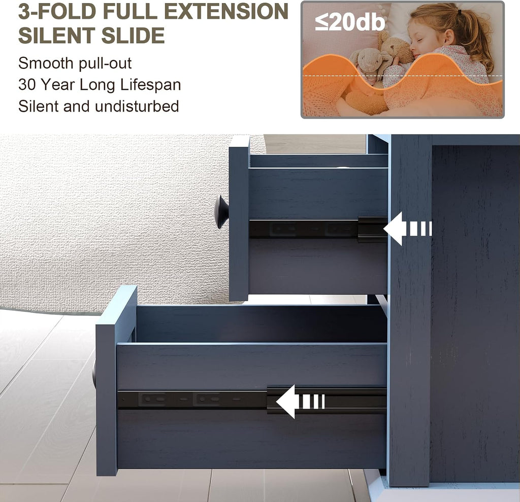 REDAYFUR 24' Tall Nightstand with Charging Station Set of 2, Fast Charge End Table Set of 2, Large 18' Bedside Table with Drawers, Storage Cabinet with Open Shelf for Bedroom, Blue