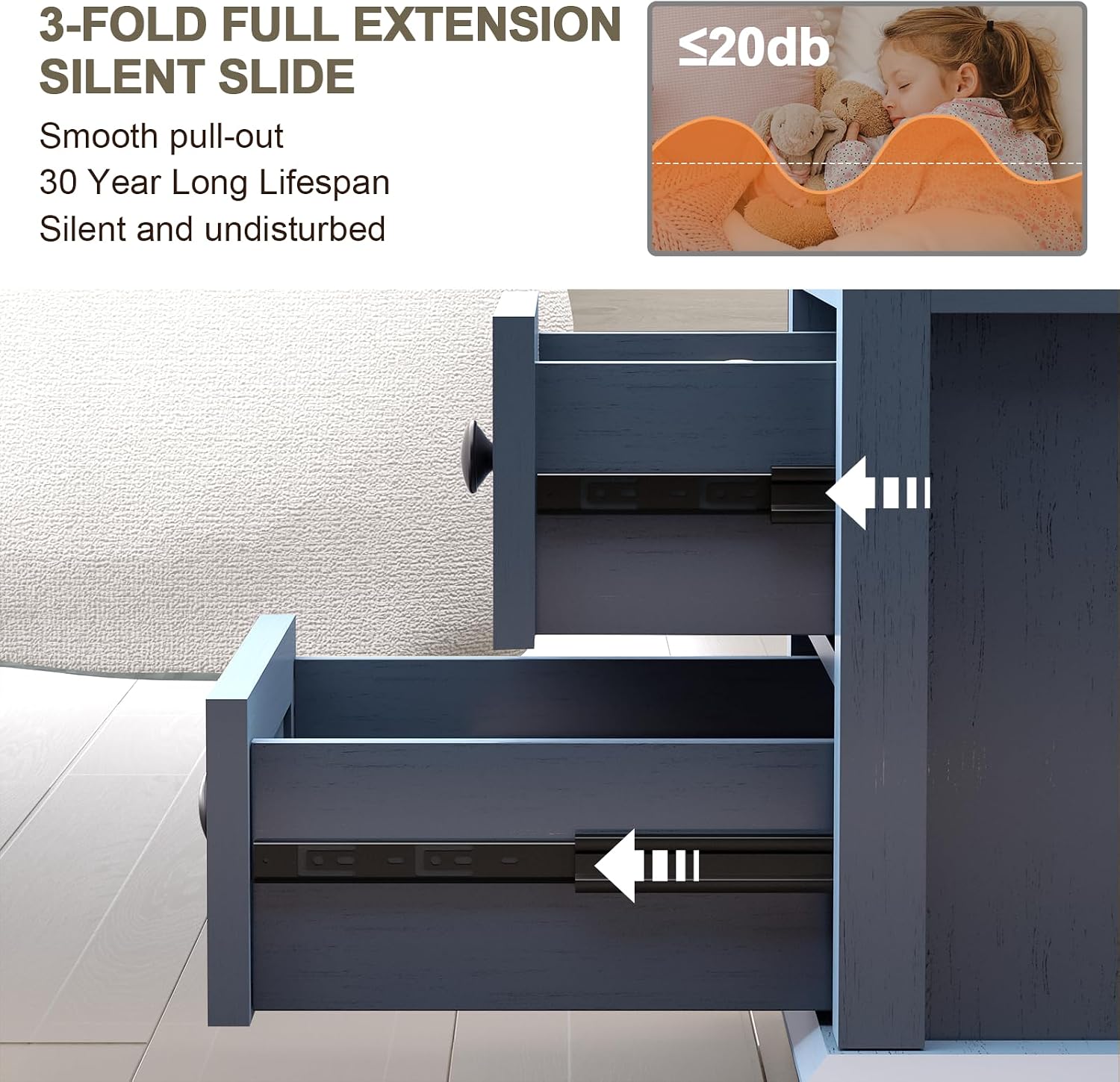 REDAYFUR 24' Tall Nightstand with Charging Station Set of 2, Fast Charge End Table Set of 2, Large 18' Bedside Table with Drawers, Storage Cabinet with Open Shelf for Bedroom, Blue