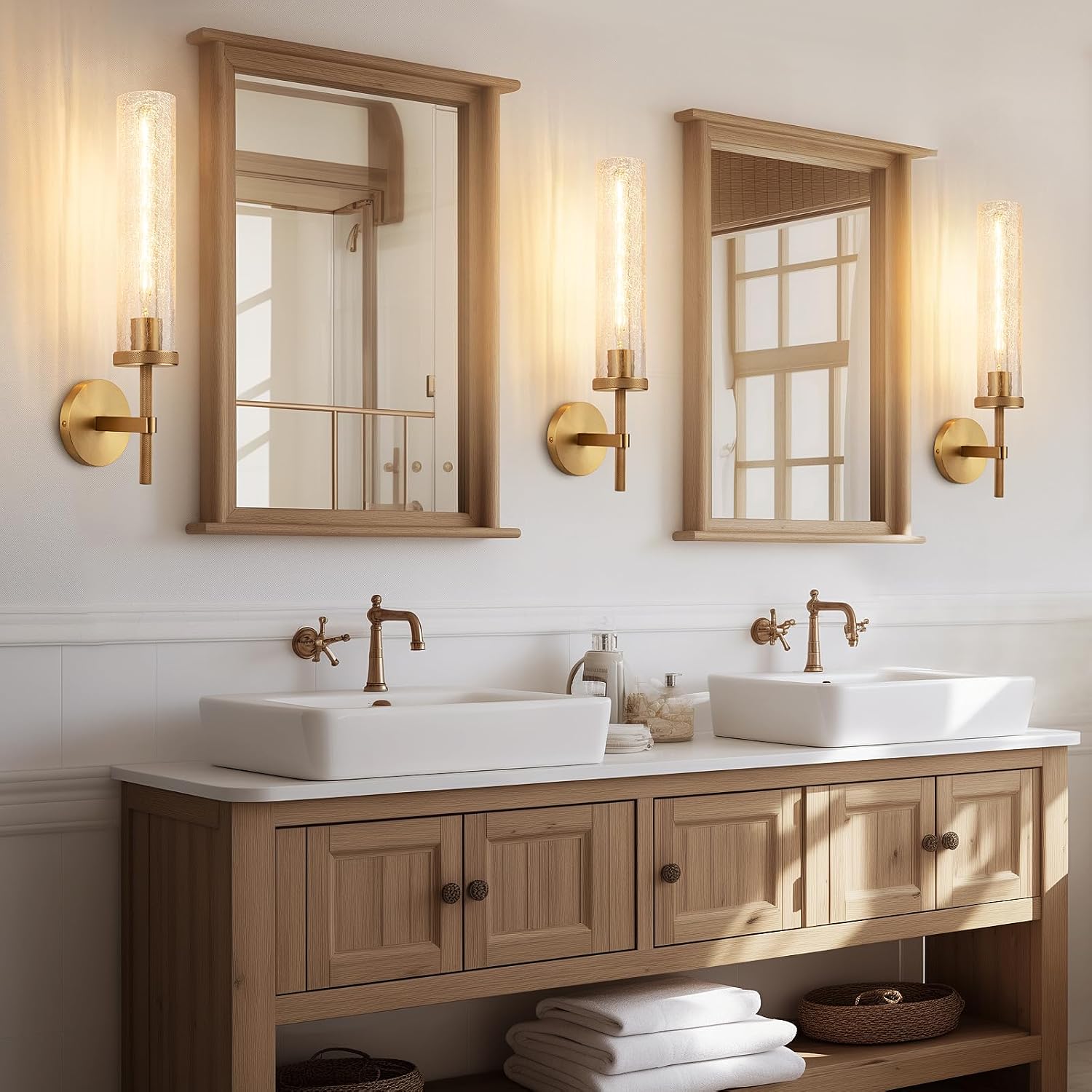 19.5' Knurled Brass Wall Sconce with Crackle Glass Tube, Gold Bathroom Vanity Light Fixtures, Modern Lamp Lighting for Bedroom, Living Room, Hallway, Staircase, Mirror, Kitchen