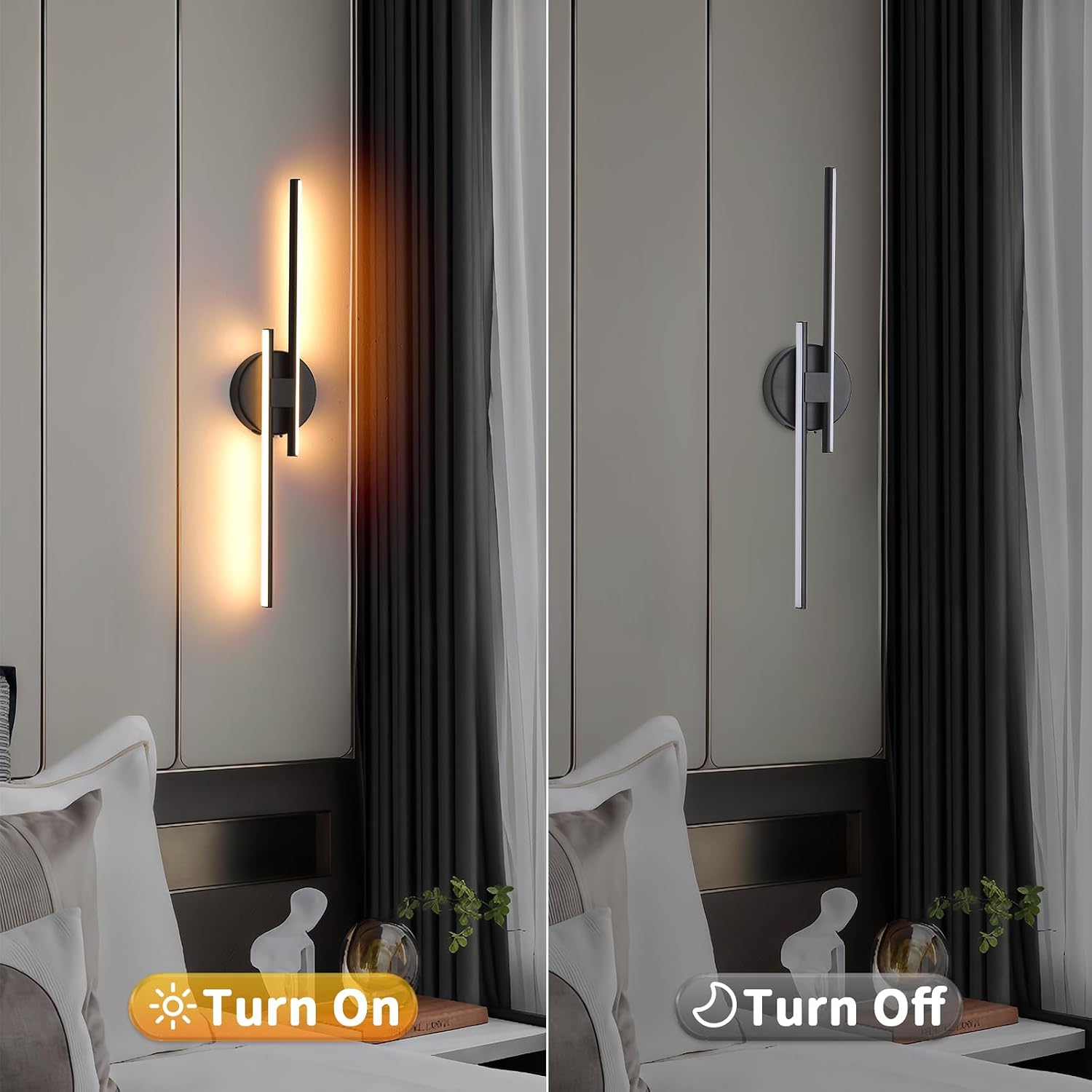 Rechargeable Battery Operated Wall Sconce Set Of Two, Black Wireless LED Wall Sconces With Remote Control, Dimmable 3 Colors Cordless wall lights for Living Room, bedroom, Hallway, 23.6 Inch ( 2pcs)