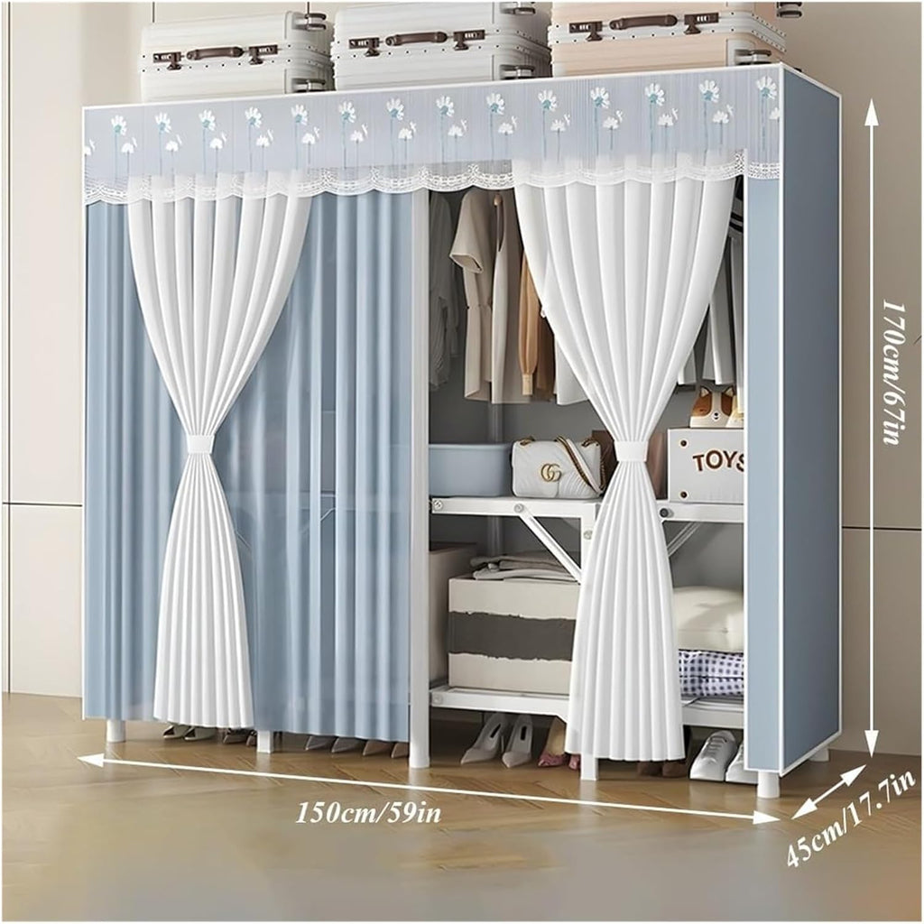 Clothes Rail Garment Rack Foldable Wardrobe Closet Rack, Heavy Duty Portable Closets With Cover Bedroom Armoires Freestanding Clothing Rolling Garment Racks For Hanging Clothes Load 2000lbs(Blue,150x4