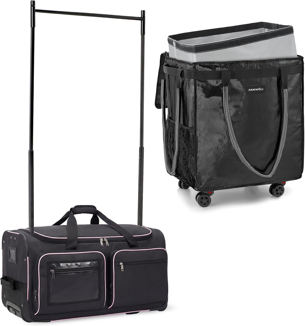 Fanwoli Dancer's Mobile Combo:66L Reusable Grocery Bag on Wheels + 23' Dance Bag with Garment Rack|Upgrade Stability, Simplify Your Move| Ideal for Competitions, Rehearsals & Daily Errands