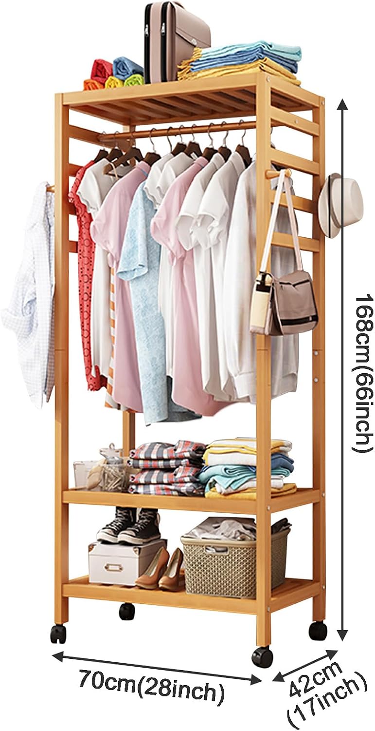 Bamboo Garment Rack Clothes Shelf Shoes Storage with 4 Hooks, Top Rod, 3 Storage Shelves, Wheels, Rolling Clothes Rack for Hanging Clothes, Clothing Racks Storage Organizer