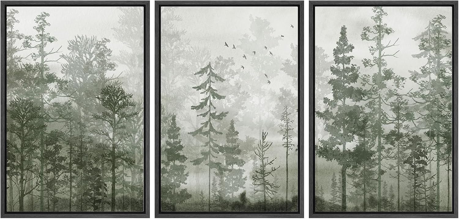 MUDECOR Framed Wall Art Print Set Minimalist Forest Mist with Birds Illustrations Modern Art Boho Decorative Colorful Chic for Living Room, Bedroom, Office - 24'x36'x3 Black