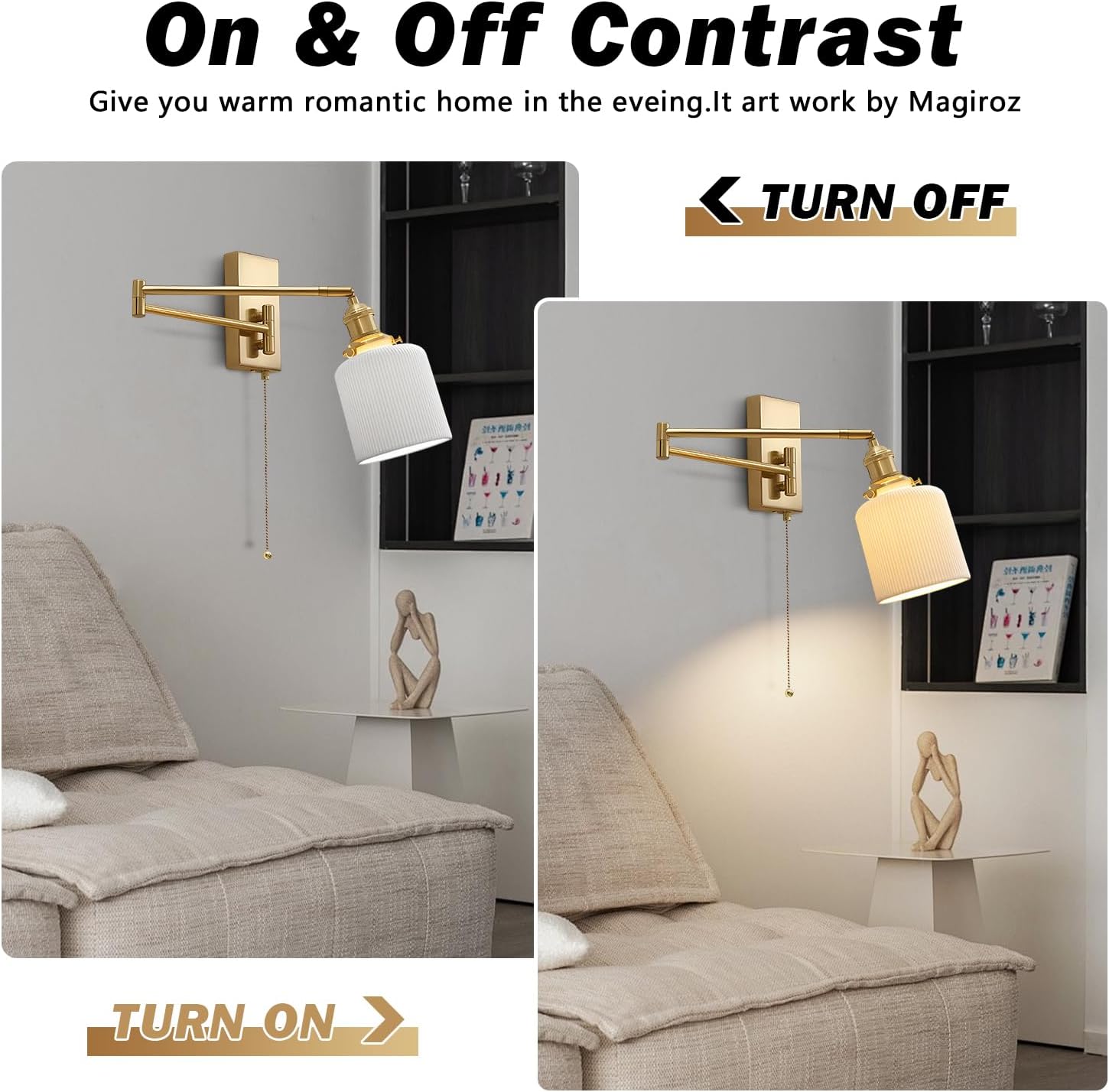 Vintage Antique Brass Wall Sconces Set of Two Gold Modern Farmhouse Wall Lighting Indoor Wall Mount Swing Arm Lamps with Pull Chain Bathroom Sconces Set of 2 Milk Glass Wall Lights MWL14C-2